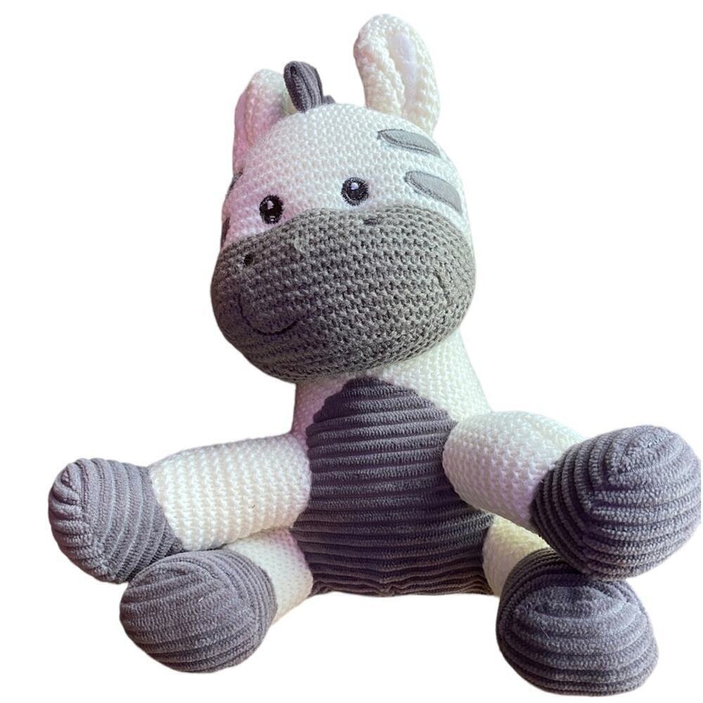 Hug Fun Plush Horse Zebra Donkey Stuffed Animal Gray White Knit Lovey Toy Seated